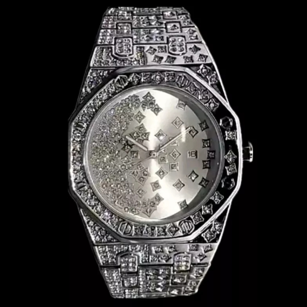 Mens Iced Simulated Diamond CZ Silverplated Waterproof Quartz Movement Watch